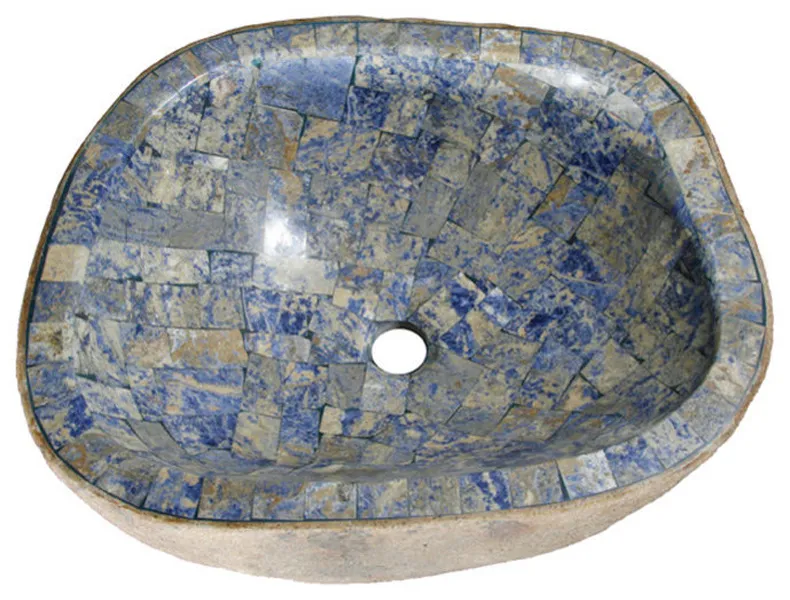Natural Boulder Granite Vessel Sink With Blue Sodalite Inlay, Design 2