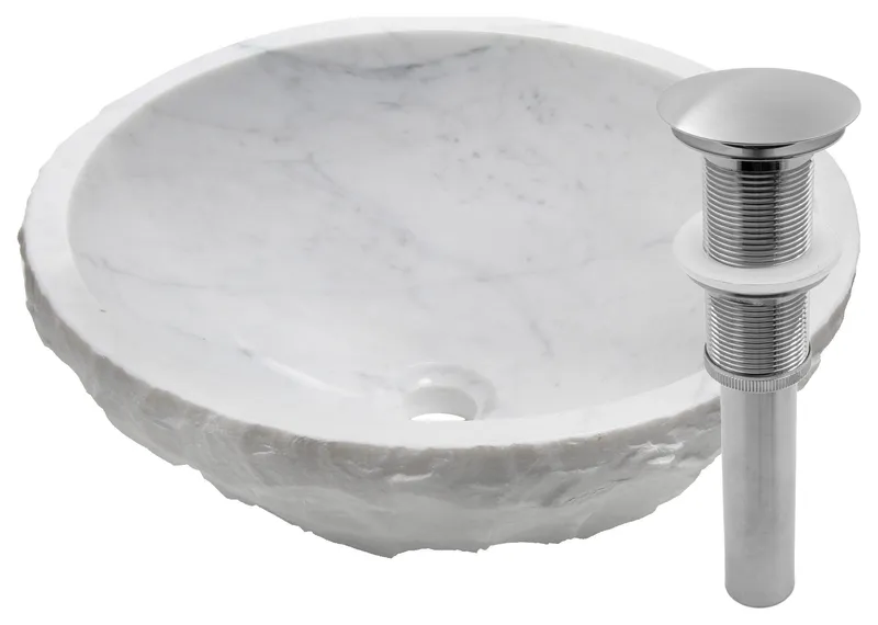 Natural Carrara White Marble Chiseled Stone Vessel Sink and Drain, Brushed Nickel