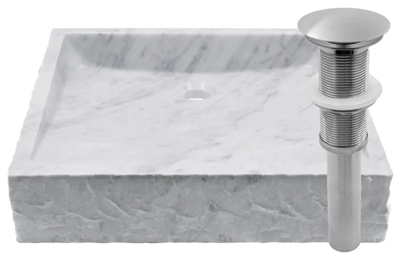 Natural Carrara White Marble Sq. Vessel Sink Chiseled Exterior Drain NOSV-CWSQ, Brushed Nickel