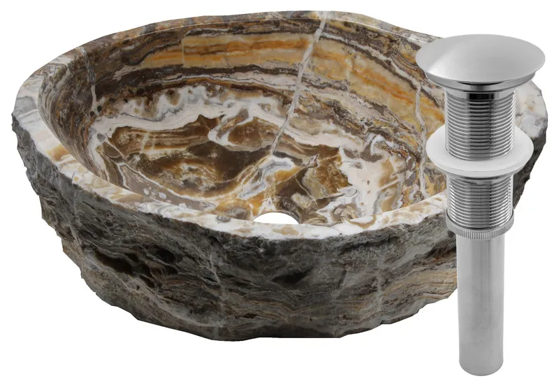 Natural Travertine Onyx Stone Vessel Bath Sink with Drain, Brushed Nickel
