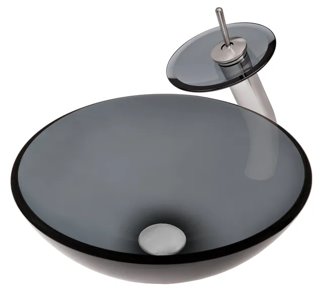 Nera Round Clear Slate Grey Glass Vessel Bath Sink Combo with Faucet and Drain, Brushed Nickel