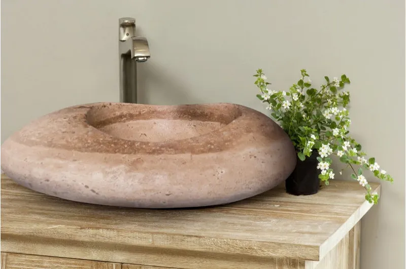 Noce Travertine Natural Stone Kayak Design Vessel Sink Honed and Filled (W)16" (