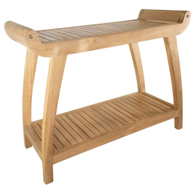 Nordic Style Natural Teak Curved Spa Bench With Shelf 30"