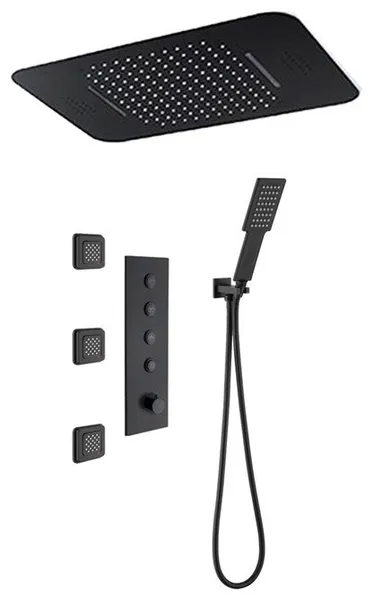 Novara 20"x14" Musical LED Matte Black Rainfall Shower System, 3 Body Jets