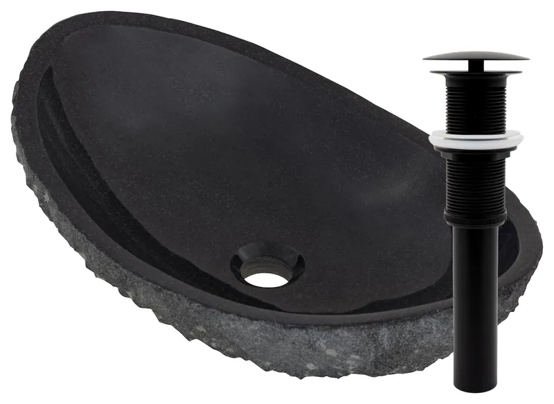 Novatto Absolute Natural Granite Slipper Vessel Sink and Drain, Matte Black