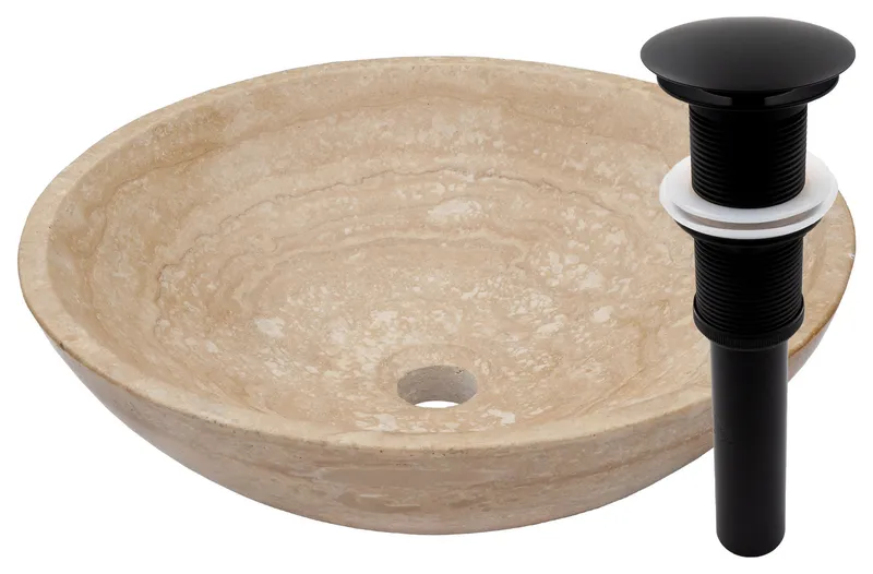 Novatto Beige Travertine Vessel Sink and Drain, Matte Black