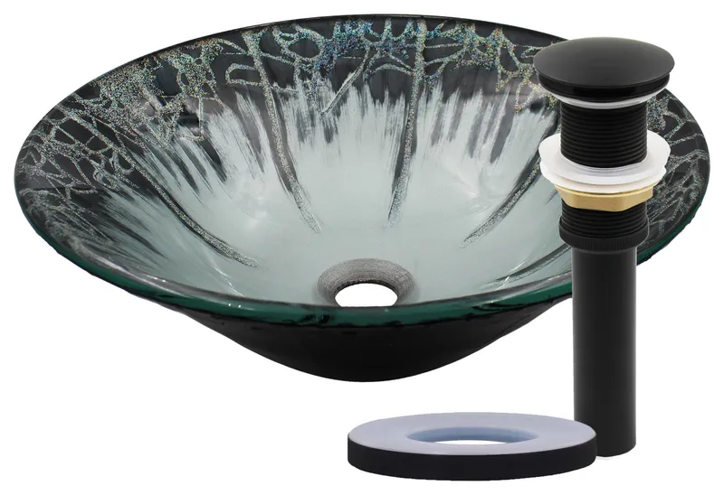 Novatto Credere Artsy Glass Vessel Bath Sink and Drain, Matte Black