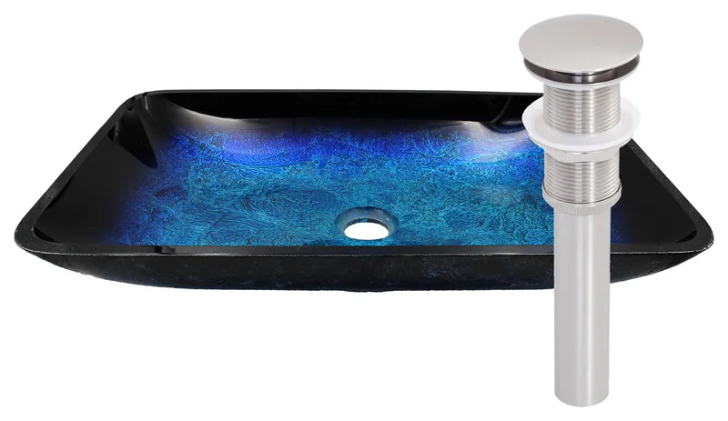 Novatto Fresca Blue and Black Glass Vessel Bath Sink and Drain, Brushed Nickel
