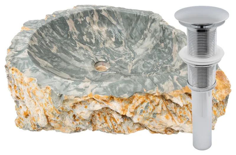 Novatto Natural Cobblestone Vessel Bathroom Sink with Drain, Chrome