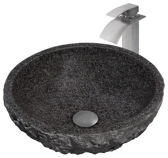 Novatto NSFC-AN136BN Natural Granite Stone Vessel Sink Set - Brushed Nickel