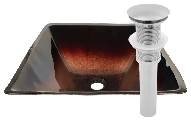 Novatto Rame Copper and Black Square Glass Vessel Bathroom Sink with Drain, Brushed Nickel