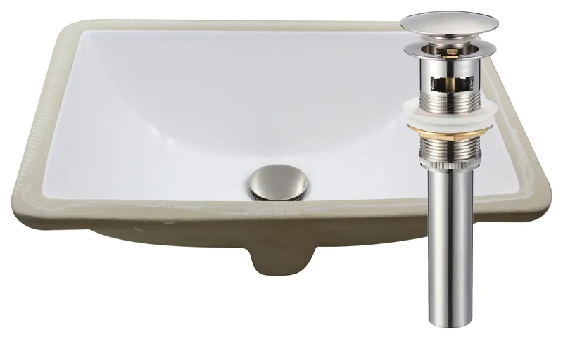 NP-U193902 Rectangular Undermount White Porcelain Sink, Overflow Drain Options, Brushed Nickel