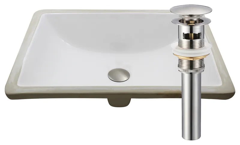 NP-U193906 Rectangular Undermount White Porcelain Sink, Overflow Drain Options, Brushed Nickel