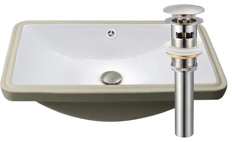 NP-U213907 ExtraWide Rectangle Undermount Porcelain Sink, Overflow Drain Options, Brushed Nickel