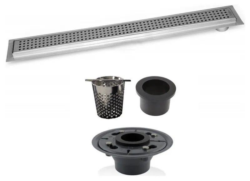 Offset Linear Drain, 30 Inch Side Outlet Linear Drain Complete Set, Square