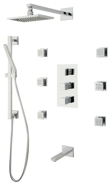 Onassis Thermostatic Tub and Shower System, Brushed Nickel Finish With 6 Body