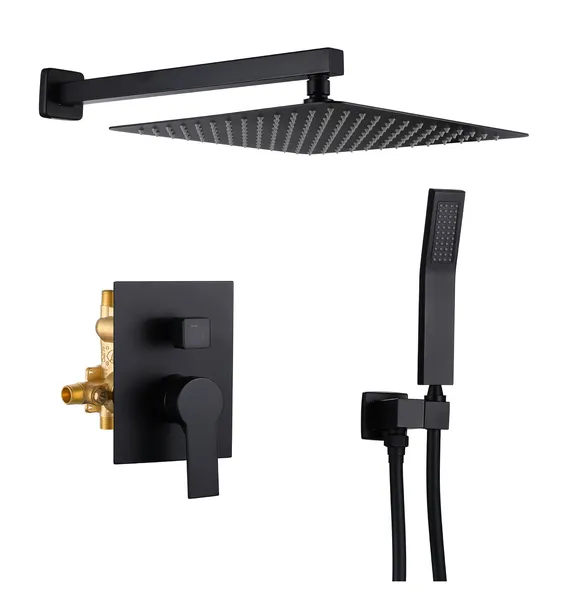 One Handle High Pressure Shower Faucet with Hand Shower and Brass Valve, Black, 10inch