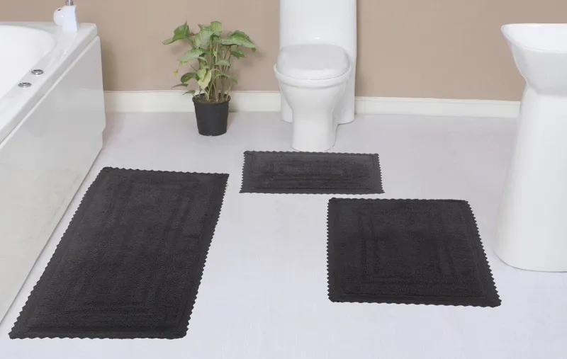 Opulent Reversible 100% Cotton Bath Rug Set, 3 Pcs Set with Runner, Gray