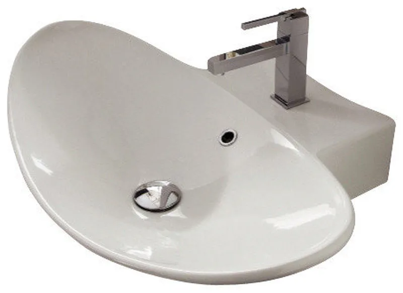 Oval-Shaped White Ceramic Wall Mounted or Vessel Sink, One Hole