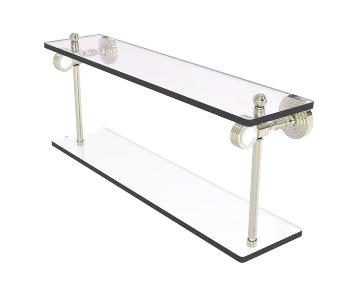 Pacific Grove 22" Two Tiered Glass Shelf with Groovy Accents, Polished Nickel