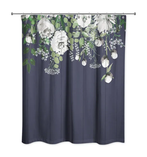 Painted Flowers on Navy 71x74 Shower Curtain