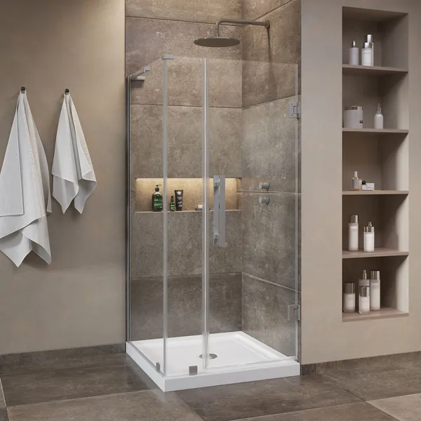 Panama 32"Wx32"Dx74 3/4"H Corner Hinge Shower Kit Black Base, Satin Nickel, 36"