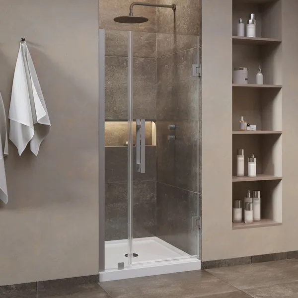 Panama Alcove Frameless Pivot Hinge Shower Door Kit With Base Pan, 2025, Satin Nickel, 36x36"