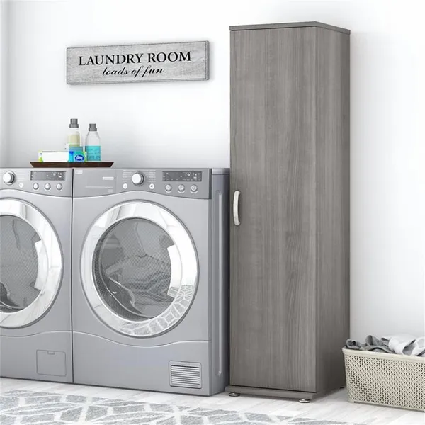 Pemberly Row Narrow Linen Tower with Door in Platinum Gray - Engineered Wood