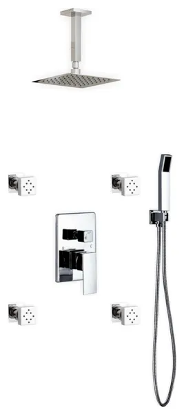 Piazza Brass Shower Set, 8" Ceiling Mount Square Shower, Handheld, 4 Body Jets