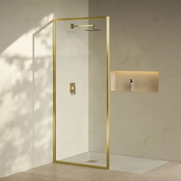 Pierre 34x76 Fixed 3/8 in. Clear Tempered Glass Tub Door, Gold Brushed Frame
