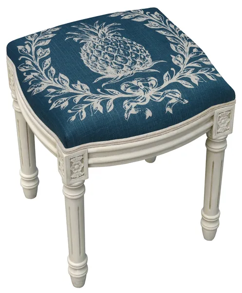Pineapple-Mustard, Linen Upholstered Vanity Stool, Navy Blue