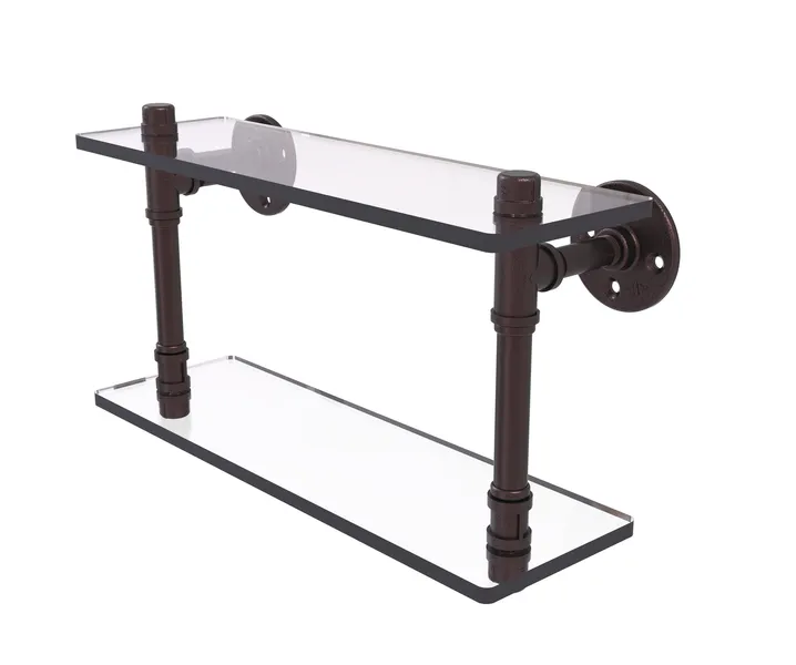 Pipeline Double Glass Shelf, Antique Bronze, 16"