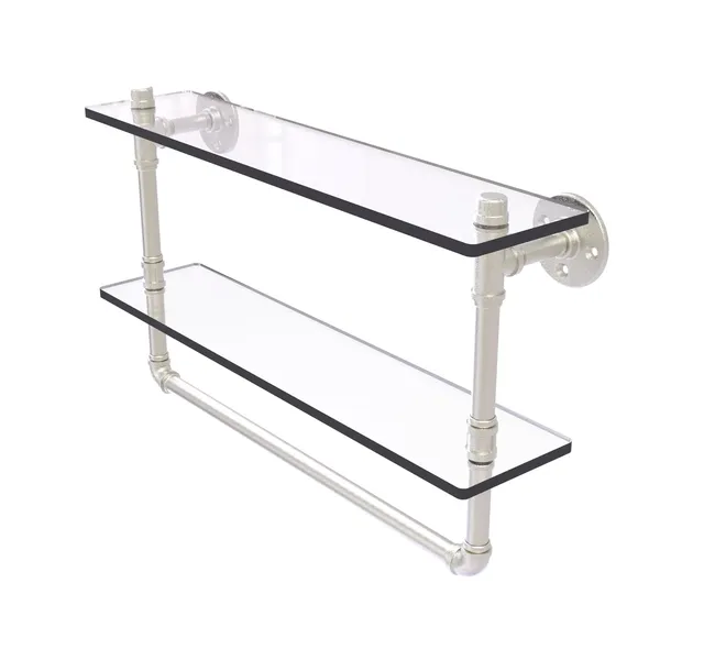 Pipeline Doulbe Glass Shelf with Towel Bar, Satin Nickel, 22"