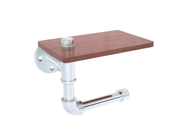 Pipeline Toilet Paper Holder with Wood Shelf, Polished Chrome