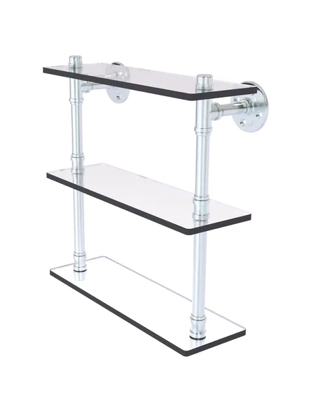 Pipeline Triple Glass Shelf, Polished Chrome, 16"