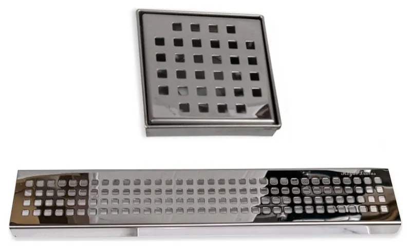 Polished Chrome 4 Inch Square Shower Drain With Shower Shelf Set, 12 Inch Shelf