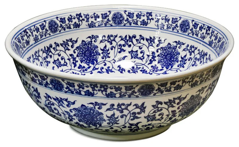 Porcelain Basin, Sink Bowl With Blue and White Motif, Floral