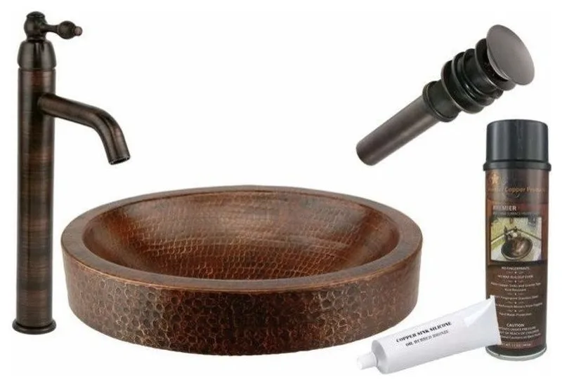 Premier Copper Products BSP1_VO17SKDB 17" Skirted Vessel Copper Sink Package