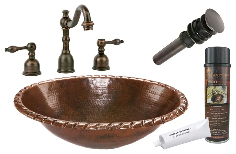 Premier Copper Products BSP2_LO19RRDB 19" Roped Self Rimming Copper Sink Package