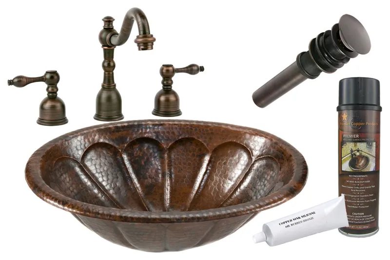 Premier Copper Products BSP2_LO19RSBDB Sunburst Self Rimming Copper Sink Package