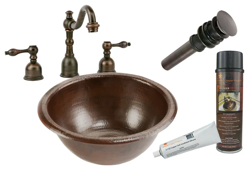 Premier Copper Products BSP2_LR14RDB 14" Self Rimming Copper Sink Package