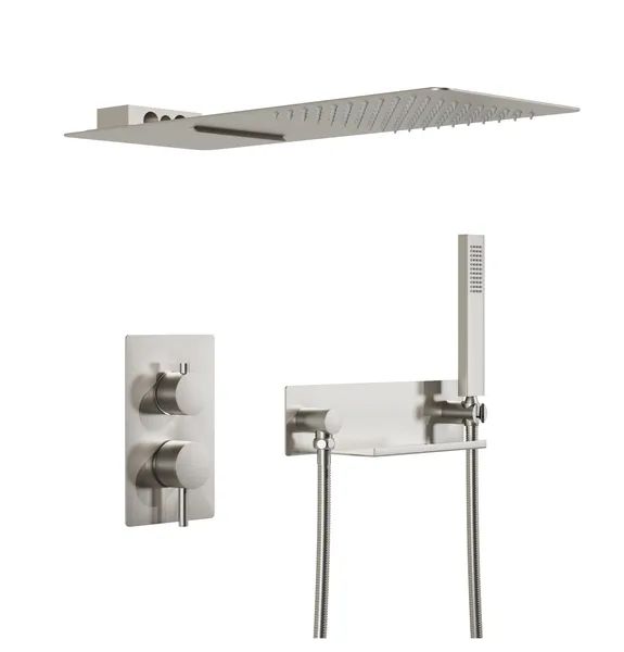 Pressure Balance Shower System with Rainfall & Waterfall Head, Storage Shelf, Brushed Nickel