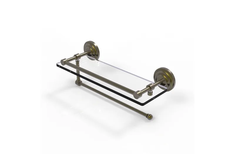 Prestige Que New Paper Towel Holder with 16" Glass Shelf, Antique Brass