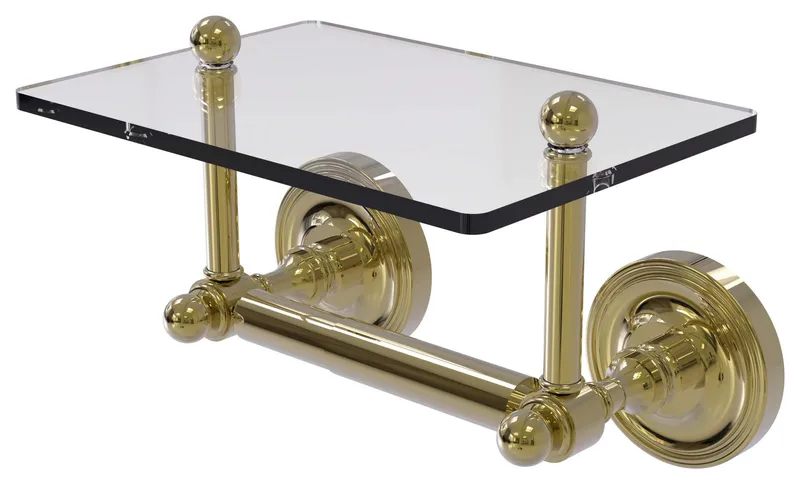 Prestige Regal Two Post Toilet Tissue Holder with Glass Shelf, Unlacquered Brass
