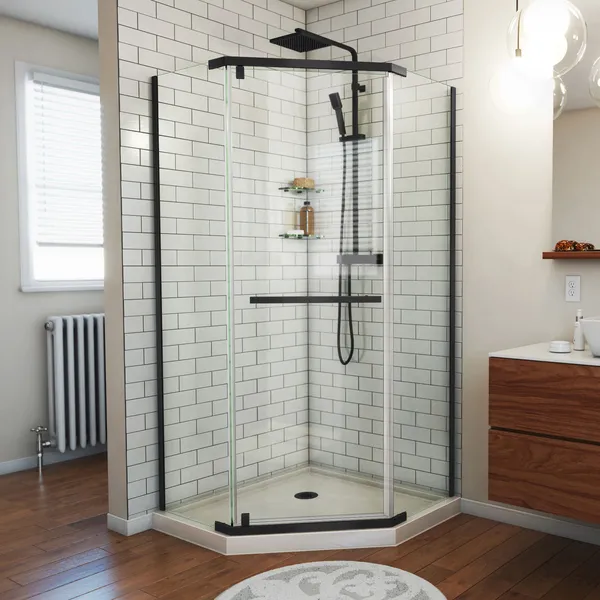 Prism 38x74 3/4 Neo-Angle Pivot Shower Enclosure Satin Black, Biscuit Base