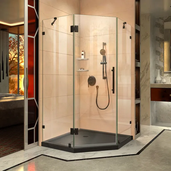 Prism Lux 40"x74 3/4"Frameless Neo-Angle Shower Enclosure,Satin Black,Black Base