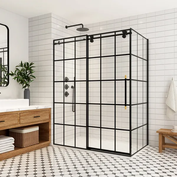 Puente Rectangle Sliding Framed Shower Enclosure, Matte Black, 60" W X 78"h