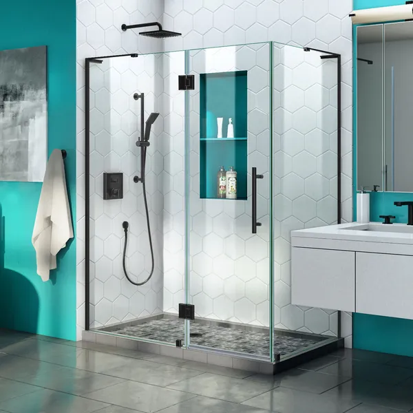 Quatra Plus 32" Dx46"Wx72"H Frameless Hinged Shower Enclosure, Satin Black