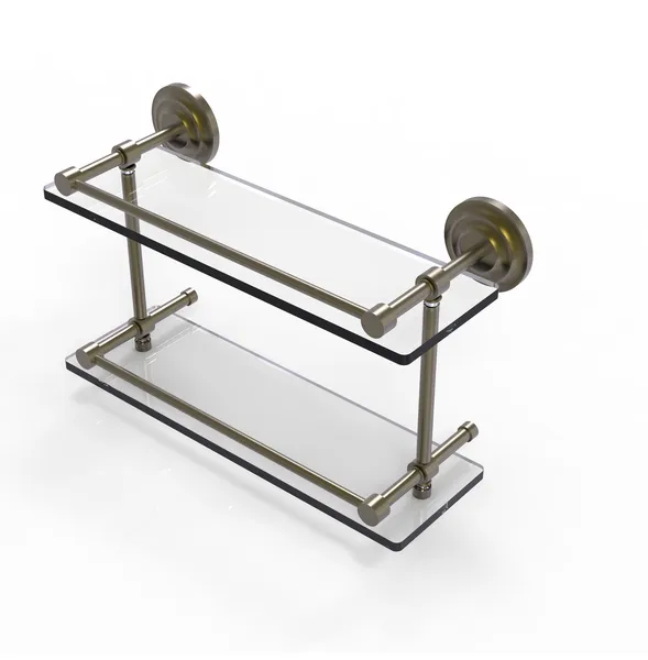 Que New 16" Double Glass Shelf with Gallery Rail, Antique Brass