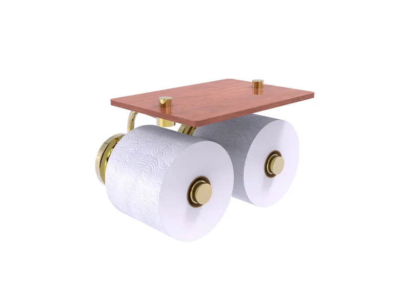 Que New 2 Roll Toilet Paper Holder with Wood Shelf, Unlacquered Brass